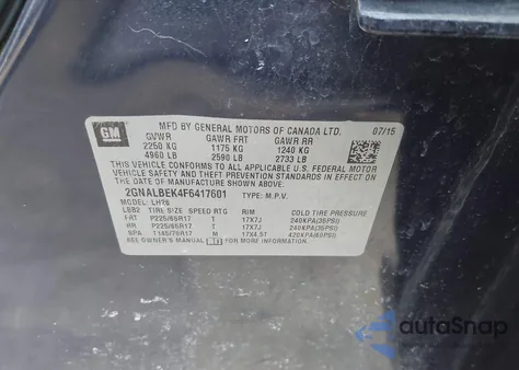 2015 Chevrolet Equinox Lt z USA, uszkodzony, nr VIN 2GNALBEK4F6417601